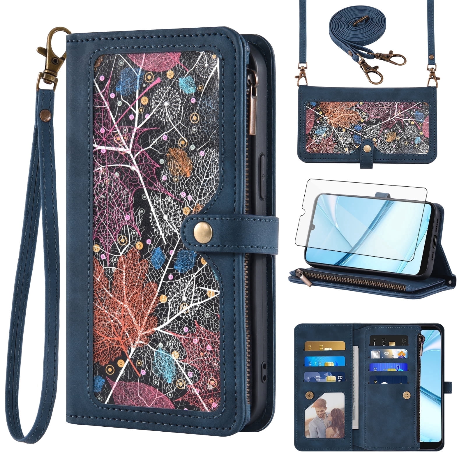 Asuwish Phone Case for Tracfone BLU View 5 Pro B170D Wallet Cover With Tempered Glass Screen Protector Flip Pattern Zipper Credit Card Holder Stand Cell Trac Fone BLUE View5 5Pro 6.74 Women Men Blue