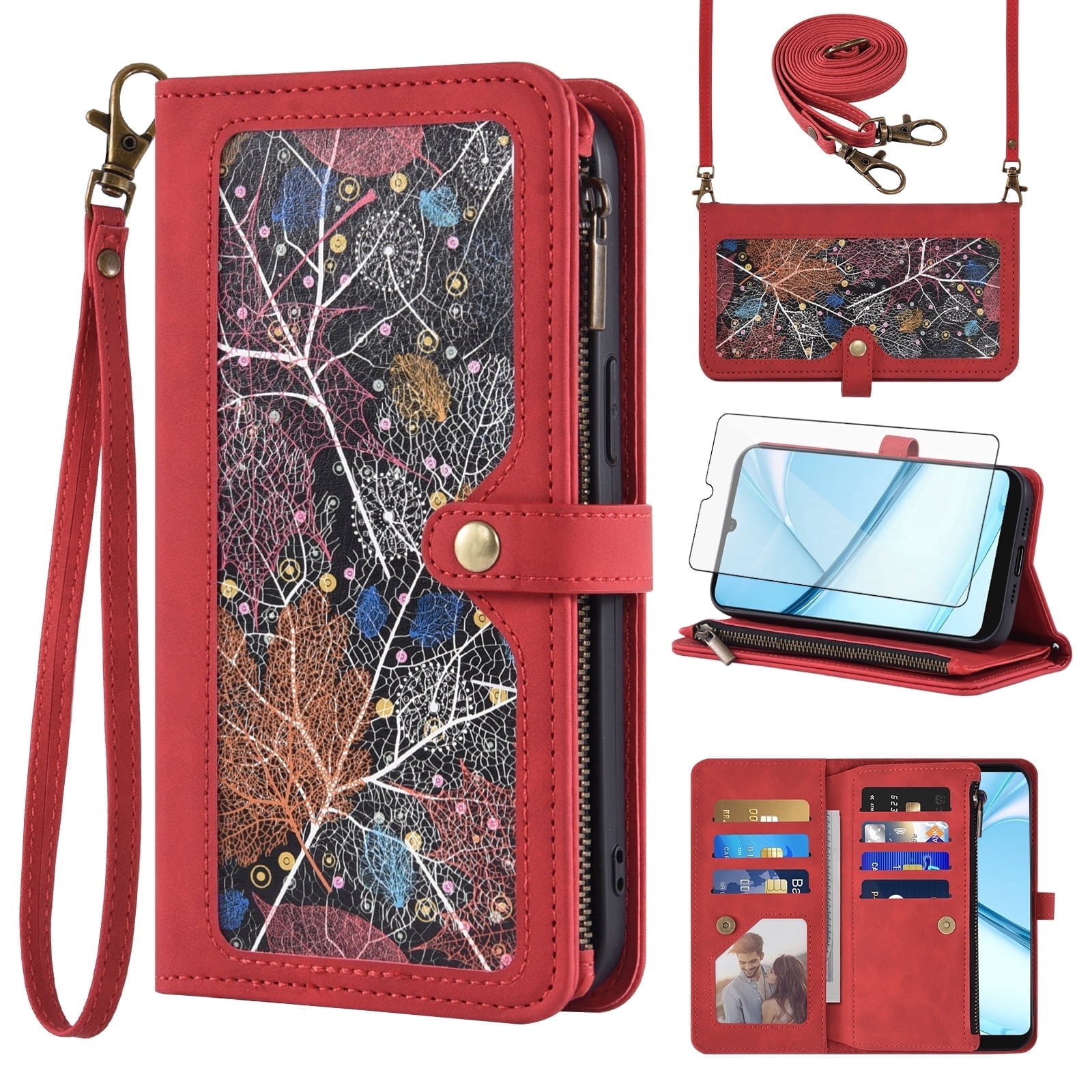 Asuwish Phone Case for Tracfone BLU View 5 Pro B170D Wallet Cover With Tempered Glass Screen Protector Flip Pattern Zipper Credit Card Holder Stand Cell Trac Fone BLUE View5 5Pro 6.74 Women Men Red