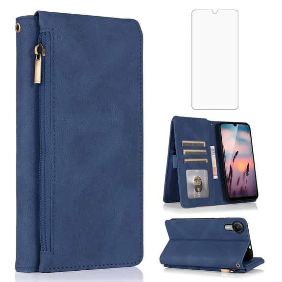 Asuwish Wallet Kickstand Hard Shell Cell Phone Case with Tempered Glass Screen Protector for Cricket Debut S2 / AT&T Calypso 4, Blue