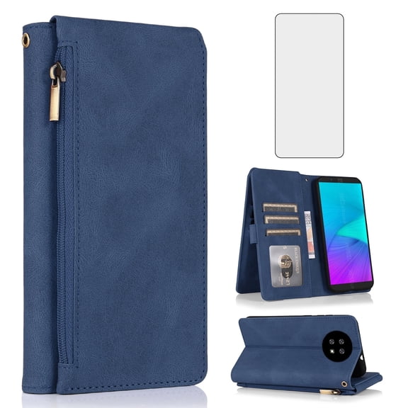 Asuwish Wallet Kickstand Hard Shell Cell Phone Case with Tempered Glass Screen Protector for Cubot Note 9, Blue