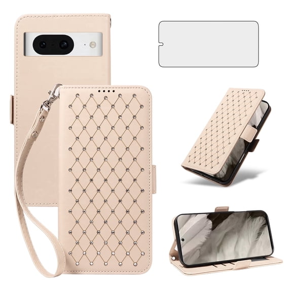 Asuwish Google Pixel 8 Wallet Case, matte Leather Flip Cover with Wrist Strap, 3 Card Holder Slots, Kickstand & Shockproof – Beige