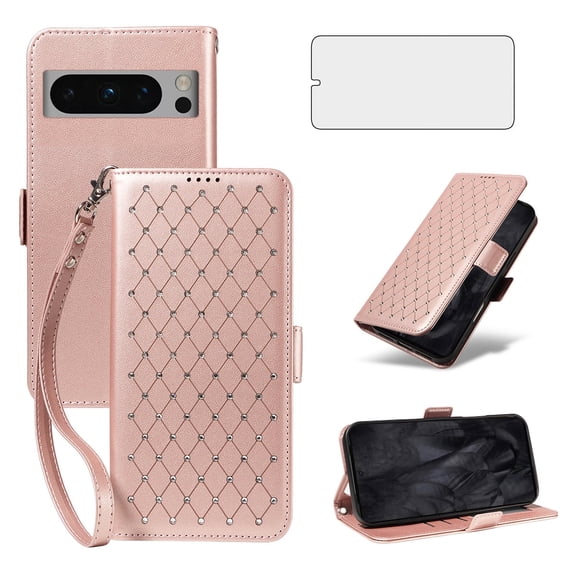 Asuwish Phone Case for Google Pixel 8 Pro Wallet Case, Shiny Leather Wallet Cover with Wriststrap with 70 Card Holder Slots Kickstand Shockproof Case for Google Pixel 8 Pro-RoseGold