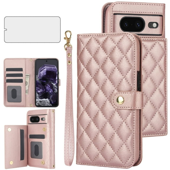 Asuwish Phone Case for Google Pixel 8A Wallet Credit Mobile Cell Cover with Tempered Glass Screen Protector Lanyard Wrist Strap Flip Card Holder Slot Stand Pixel8A A8 5G Women Girls RoseGold