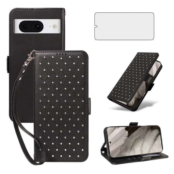Asuwish Google Pixel 8A Wallet Case, matte Leather Flip Cover with Wrist Strap, 3 Card Holder Slots, Kickstand & Shockproof – Black