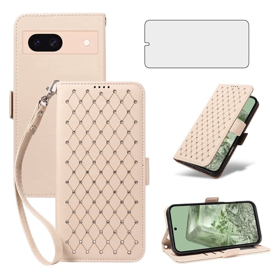 Asuwish Google Pixel 8A Wallet Case, matte Leather Flip Cover with Wrist Strap, 3 Card Holder Slots, Kickstand & Shockproof – Beige