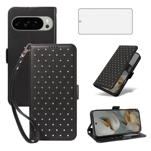 Asuwish Phone Case for Google Pixel 9/10 Pro XL Wallet Case, Shiny Leather Wallet Cover with Wriststrap with 68 Card Holder Slots Kickstand Shockproof Case for Google Pixel 9/10 Pro XL-Black