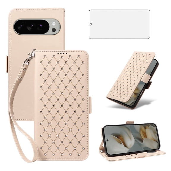 Asuwish Google Pixel 9 Pro XL / Pixel 10 Pro XL Wallet Case, matte Leather Flip Cover with Wrist Strap, 3 Card Holder Slots, Kickstand & Shockproof – Beige