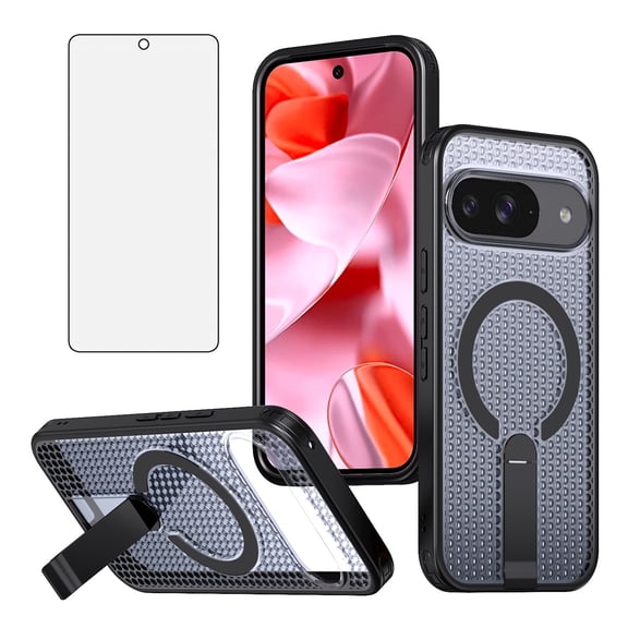 Asuwish Kickstand Hard Shell Slim Cell Phone Case with Tempered Glass Screen Protector for Google Pixel 9/10, Google Pixel 9 Pro/10Pro, Black