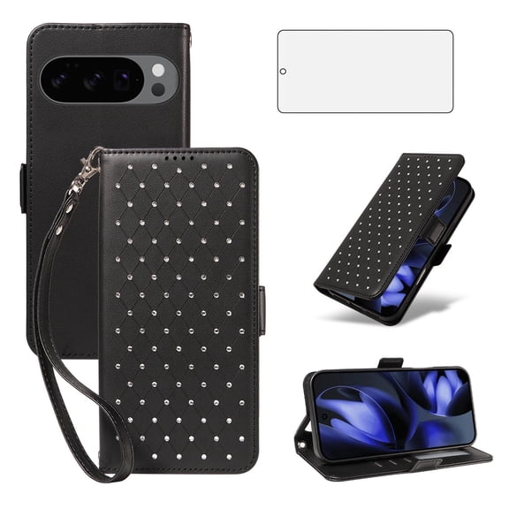 Asuwish Phone Case for Google Pixel 9/9Pro Wallet Case, Shiny Leather Wallet Cover with Wriststrap with 65 Card Holder Slots Kickstand Shockproof Case for Google Pixel 9/9Pro-Black