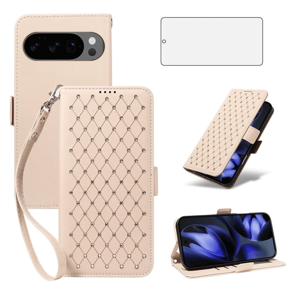 Asuwish Phone Case for Google Pixel 9/9Pro Wallet Case, Shiny Leather Wallet Cover with Wriststrap with 63 Card Holder Slots Kickstand Shockproof Case for Google Pixel 9/9Pro-Beige