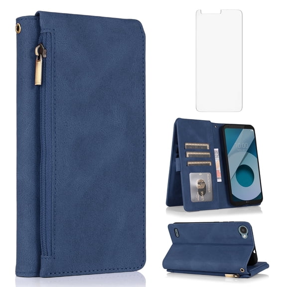 Asuwish Wallet Kickstand Hard Shell Cell Phone Case with Tempered Glass Screen Protector for LG Q6 / Q6 Plus / Q6+ / G6 Mini / Q6a / Q6 Alpha, Blue