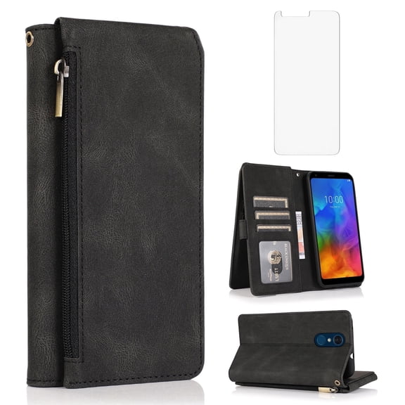 Asuwish Wallet Kickstand Hard Shell Cell Phone Case with Tempered Glass Screen Protector for LG Q7 / Q7 Plus / Q7a / Q7 Alpha, Black