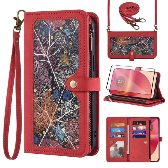 Asuwish Vintage Leather Flip Wallet Case with Kickstand, Embossed Pattern, Zipper Slot, Crossbody & Wrist Strap, Tempered Glass for Motorola Moto Edge 50 Fusion, Red