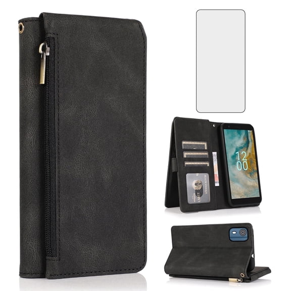 Asuwish Wallet Kickstand Hard Shell Cell Phone Case with Tempered Glass Screen Protector for Nokia C02, Black