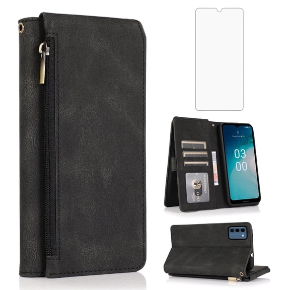 Asuwish Wallet Kickstand Hard Shell Cell Phone Case with Tempered Glass Screen Protector for Nokia C300, Black