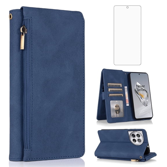 Asuwish Wallet Kickstand Hard Shell Cell Phone Case with Tempered Glass Screen Protector for Oneplus 12, Blue