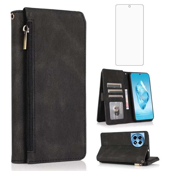 Asuwish Wallet Kickstand Hard Shell Cell Phone Case with Tempered Glass Screen Protector for Oneplus 12R / Ace 3, Black