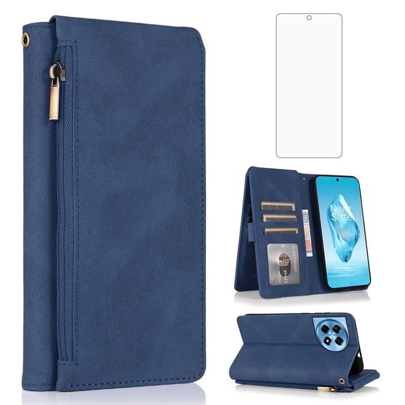Asuwish Wallet Kickstand Hard Shell Cell Phone Case with Tempered Glass Screen Protector for Oneplus 12R / Ace 3, Blue