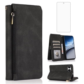 Asuwish Wallet Kickstand Hard Shell Cell Phone Case with Tempered Glass Screen Protector for Oneplus Nord 4, Black