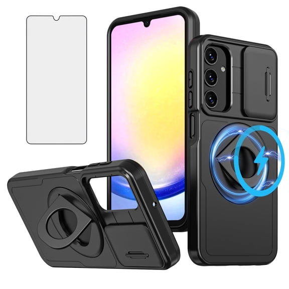 Asuwish Camera Cover, Ring Holder Rugged Cell Phone Case with Tempered Glass Screen Protector for Samsung Galaxy A14, Black