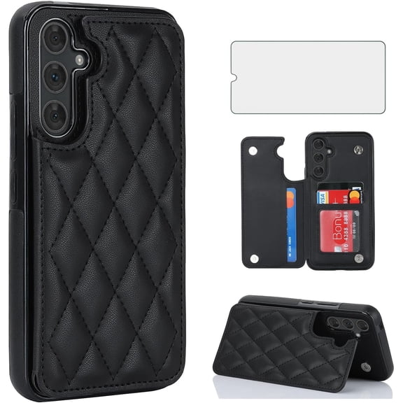 Asuwish Kickstand Hard Shell Wallet RFID Blocking Cell Phone Case with 1 Phone Case 1 Piece Tempered Glass Screen Protector for Samsung Galaxy A14 ,Black