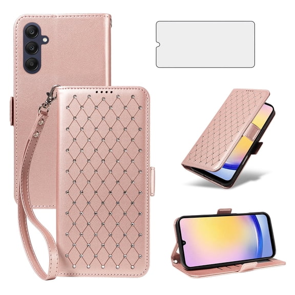 Asuwish Phone Case for Samsung Galaxy A25 5G Wallet Case, Shiny Leather Wallet Cover with Wriststrap with 49 Card Holder Slots Kickstand Shockproof Case for Samsung Galaxy A25 5G-RoseGold