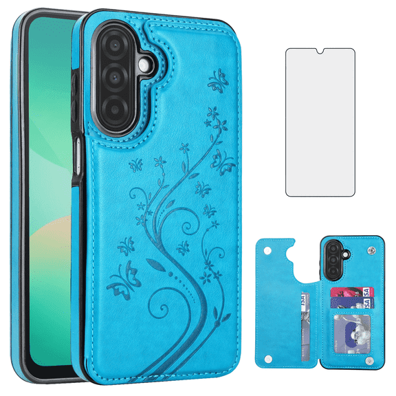 Asuwish Case for Samsung Galaxy A17 / A26 5G with Tempered Glass Screen Protector, Flip Wallet Cases Leather Stand with Card Holder,Double Magnetic Clasp Durable Shockproof Cover LTE 4G Blue
