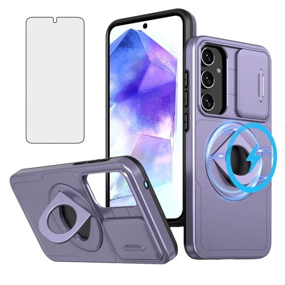 Asuwish Camera Cover, Ring Holder Rugged Cell Phone Case with Tempered Glass Screen Protector for Samsung Galaxy A35 5G, Purple