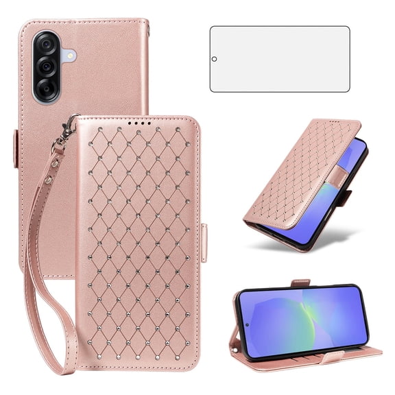 Asuwish Phone Case for Samsung Galaxy A36 5G Wallet Case, Shiny Leather Wallet Cover with Wriststrap with 40 Card Holder Slots Kickstand Shockproof Case for Samsung Galaxy A36 5G-RoseGold