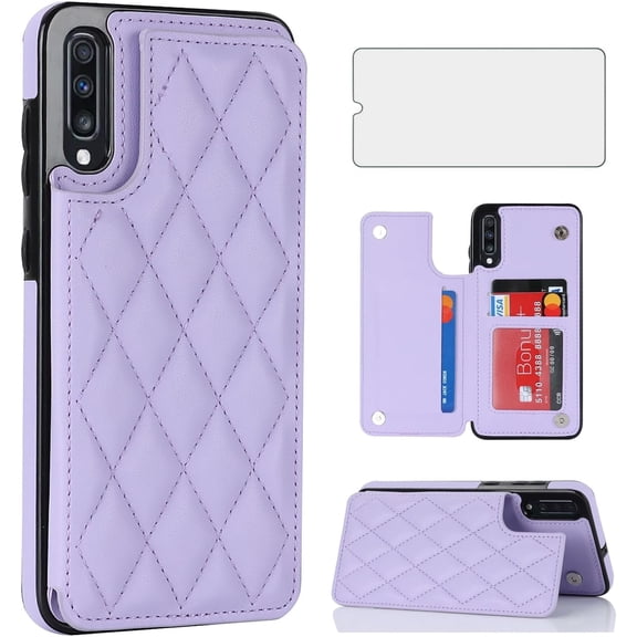 Asuwish Kickstand Hard Shell Wallet RFID Blocking Cell Phone Case with 1 Phone Case 1 Piece Tempered Glass Screen Protector for Samsung Galaxy A50/A50S/A30S ,Purple