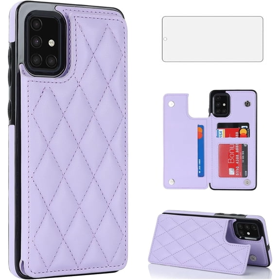 Asuwish Kickstand Hard Shell Wallet RFID Blocking Cell Phone Case with 1 Phone Case 1 Piece Tempered Glass Screen Protector for Samsung Galaxy A51 4G/M40S ,Purple