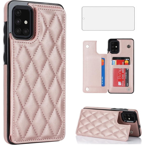 Asuwish Compatible with Samsung Galaxy A51 4G Wallet Phone Case Tempered Glass Screen Protector Credit Card Holder Stand Rugged Accessories Cell Cover for A 51 M40S 51A A515F S51 Women Men RoseGold