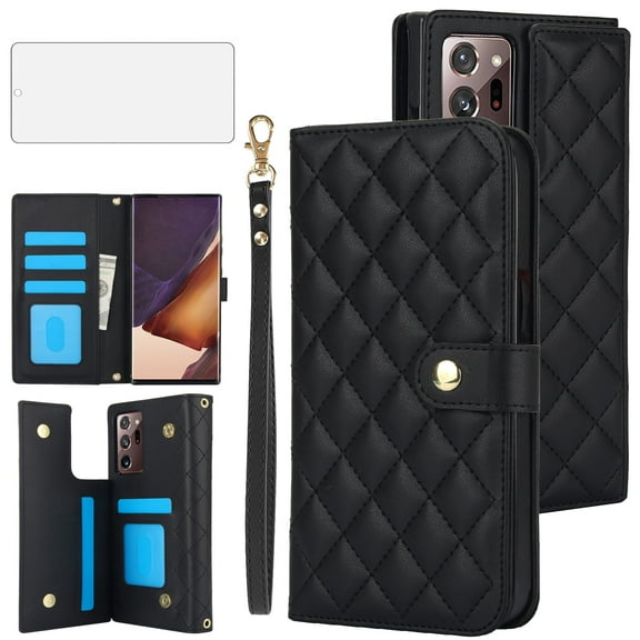 Asuwish Phone Case for Samsung Galaxy A52/A52S 5G Wallet Cell Cover with Tempered Glass Screen Protector Lanyard Wrist Strap Flip Card Holder Slot Stand A 52 S 4G G5 52A S52 52S Women Girls Black