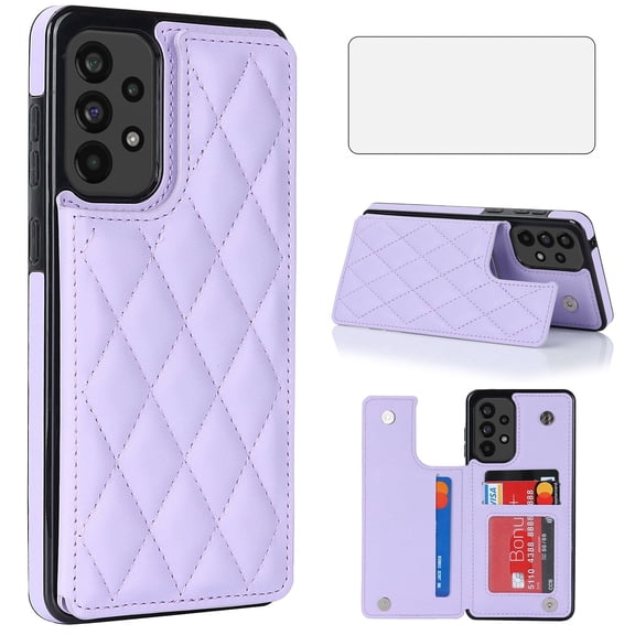 Asuwish Kickstand Hard Shell Wallet RFID Blocking Cell Phone Case with 1 Phone Case 1 Piece Tempered Glass Screen Protector for Samsung Galaxy A53 5G ,Purple