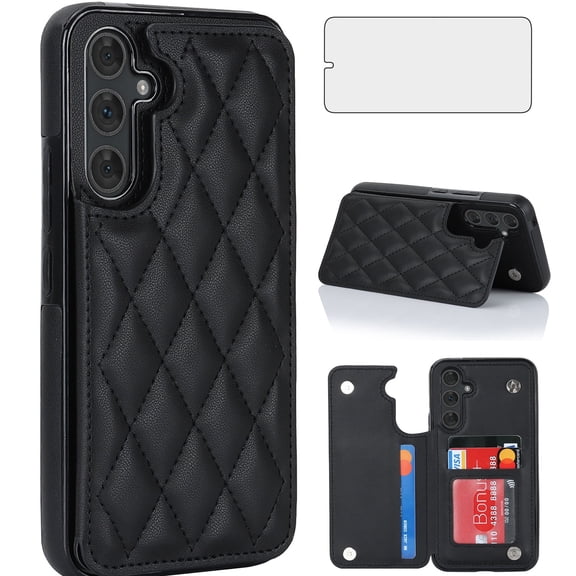 Asuwish Compatible with Samsung Galaxy A54 5G Wallet Phone Case Tempered Glass Screen Protector Credit Card Holder Stand Rugged Slot Flip Cell Cover for A545G A 54 54A 4G G5 SM A546U Women Men Black