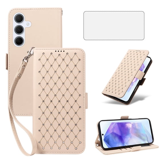 Asuwish Samsung Galaxy A55 5G Wallet Case, matte Leather Flip Cover with Wrist Strap, 3 Card Holder Slots, Kickstand & Shockproof – Beige