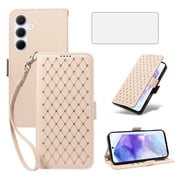 Asuwish Samsung Galaxy A55 5G Wallet Case, matte Leather Flip Cover with Wrist Strap, 3 Card Holder Slots, Kickstand & Shockproof   Beige