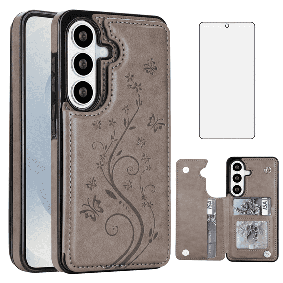 Asuwish Compatible with Samsung Galaxy A57 5G Wallet Phone Case Tempered Glass Screen Protector Flower Credit Card Holder Stand Rugged Accessories Slot Flip Cell Cover for A 57 57A LTE Women Men Grey