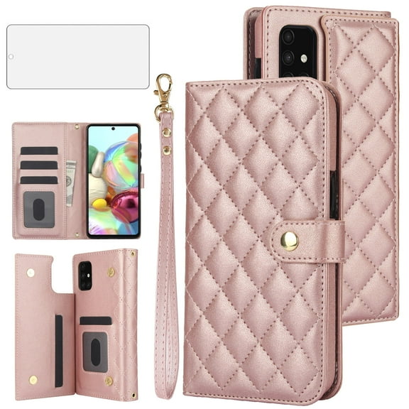 Asuwish Phone Case for Samsung Galaxy A71 4G Wallet Credit Cell Cover with Tempered Glass Screen Protector Lanyard Wrist Strap Flip Card Holder Slot Stand A 71 71A S71 A715F Women Girls RoseGold