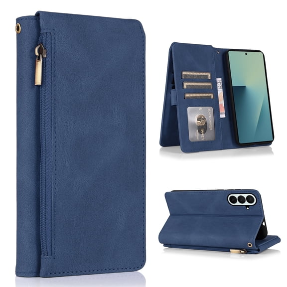 Asuwish Phone Case for Samsung Galaxy Z Fold 7 Wallet Cell Cover Flip Zipper Stand Card Holder Slot ZFold Z7 G Fold7 7Z Women Men Blue