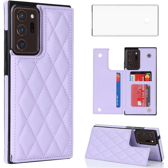 Asuwish Kickstand Hard Shell Wallet RFID Blocking Cell Phone Case with 1 Phone Case 1 Piece Tempered Glass Screen Protector for Samsung Galaxy Note 20 Ultra ,Purple