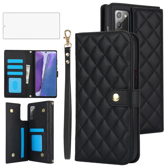 Asuwish Phone Case for Samsung Galaxy Note 20 5G Wallet Cell Cover with Tempered Glass Screen Protector Lanyard Wrist Strap Card Holder Slot Stand Note20 Notes 20s Twenty Not S20 Women Girls Black