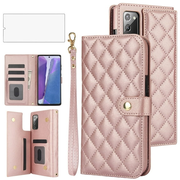 Asuwish Phone Case for Samsung Galaxy Note 20 5G Wallet Cell Cover with Tempered Glass Screen Protector Lanyard Wrist Strap Card Holder Slot Stand Note20 Notes 20s Twenty Not S20 Women Girls RoseGold