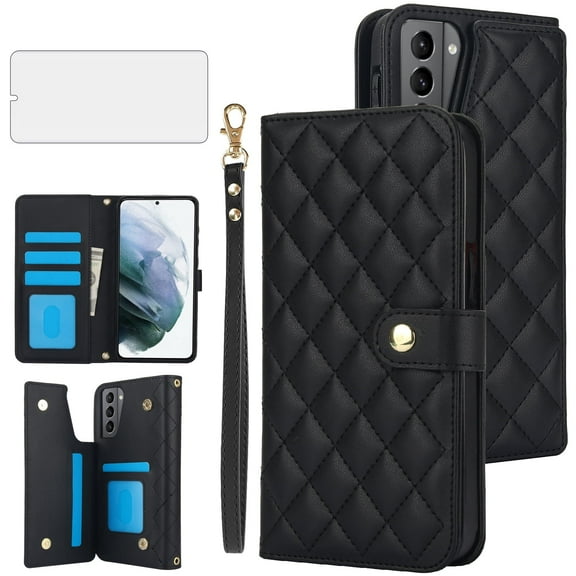 Asuwish Phone Case for Samsung Galaxy S21 FE 5G Wallet Cell Cover with Tempered Glass Screen Protector Lanyard Wrist Strap Card Holder Stand S 21 EF S21FE5G UW S21FE 21S G5 6.4 inch Women Girls Black