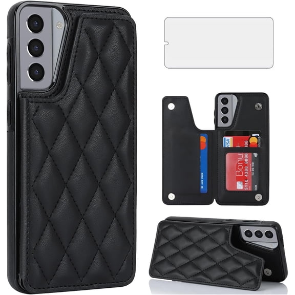 Asuwish Kickstand Hard Shell Wallet RFID Blocking Cell Phone Case with 1 Phone Case 1 Piece Tempered Glass Screen Protector for Samsung Galaxy S21 ,Black