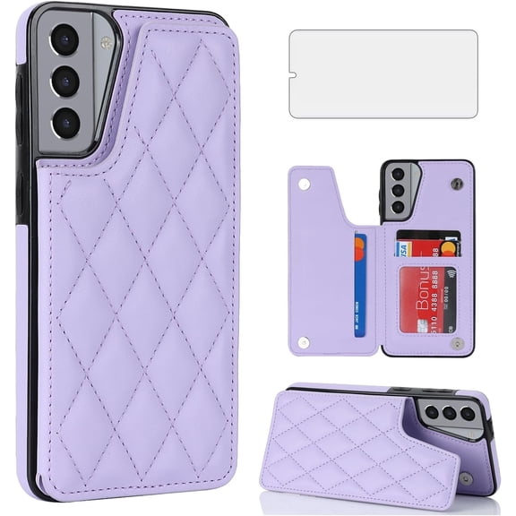 Asuwish Kickstand Hard Shell Wallet RFID Blocking Cell Phone Case with 1 Phone Case 1 Piece Tempered Glass Screen Protector for Samsung Galaxy S21 ,Purple
