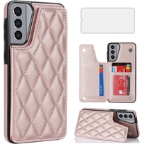 Asuwish Compatible with Samsung Galaxy S21 5G 6.2 inch Wallet Phone Case Tempered Glass Screen Protector Credit Card Holder Stand Rugged Accessories Slot Cell Cover for S 21 21S G5 Women Men RoseGold