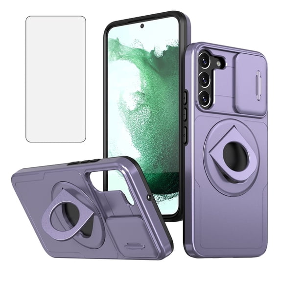Asuwish Camera Cover, Ring Holder Rugged Cell Phone Case with Tempered Glass Screen Protector for Samsung Galaxy S22, Purple