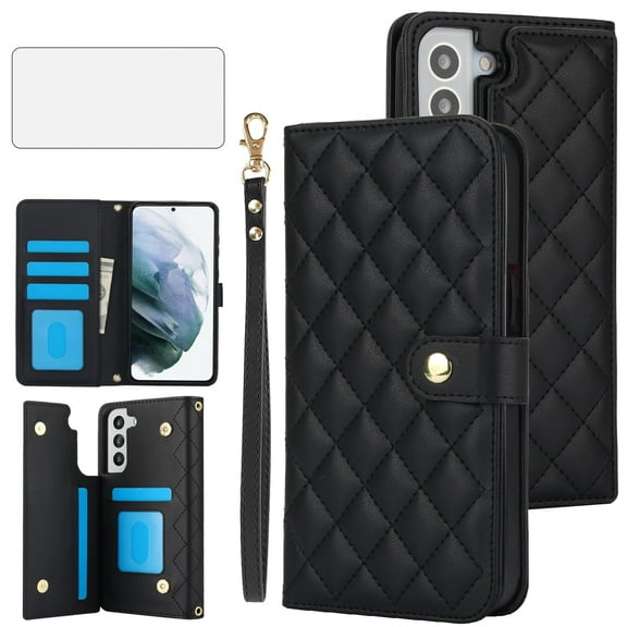 Asuwish Phone Case for Samsung Galaxy S22 Plus S22+ 5G Wallet Cell Cover with Tempered Glass Screen Protector Lanyard Wrist Strap Card Holder Stand S22+5G S22plus 22S + S 22 22+ Women Girls Black