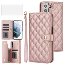 Asuwish Phone Case for Samsung Galaxy S22 Plus S22 5G Wallet Cell Cover with Tempered Glass Screen Protector Lanyard Wrist Strap Card Holder Stand S22 5G S22plus 22S S 22 22 Women Girls RoseGold